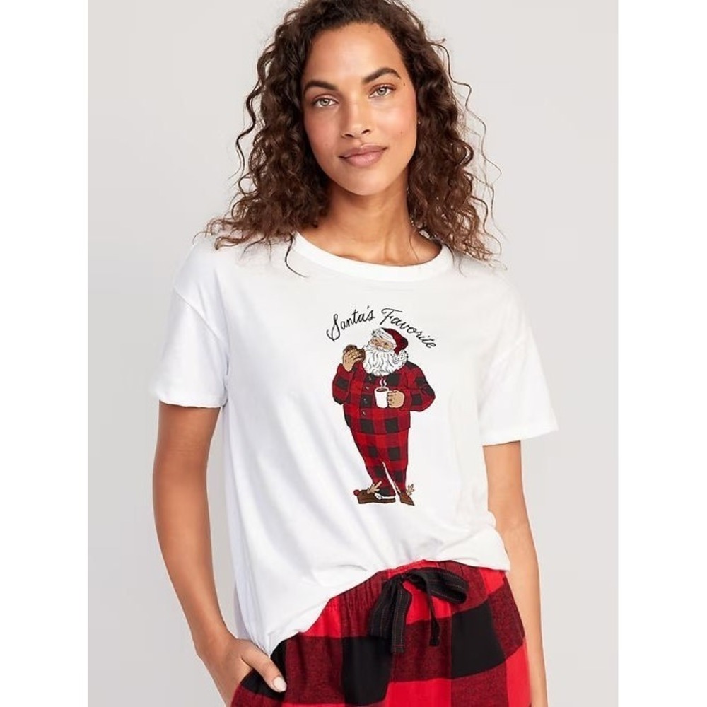 Old Navy Women's Matching Holiday Graphic T-Shirt w/ Santa - White - XXL